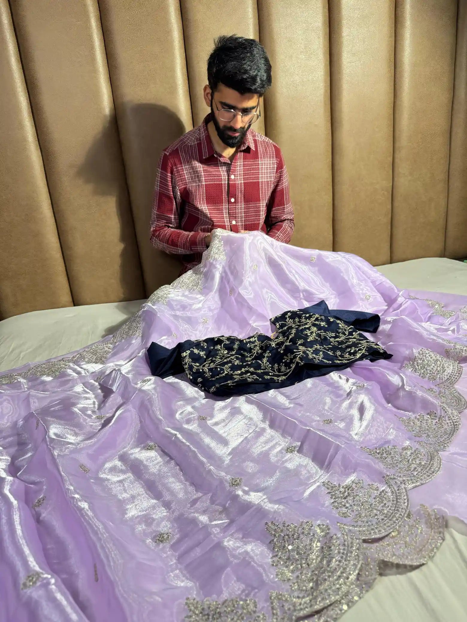 Subtle Lavender Shade Shimmery Tissue Silk Designer Saree with Embroidered Contrast Blouse