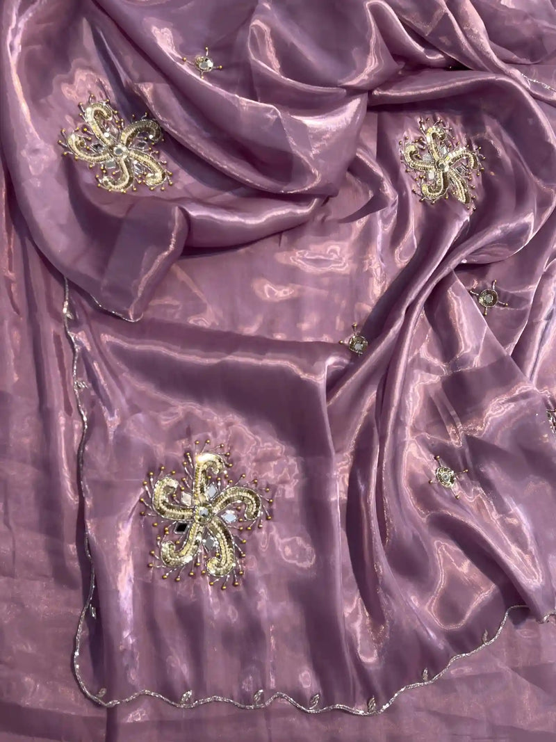 Subtle Lavender Shimmery Tissue Handwork Saree