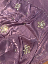 Subtle Lavender Shimmery Tissue Handwork Saree