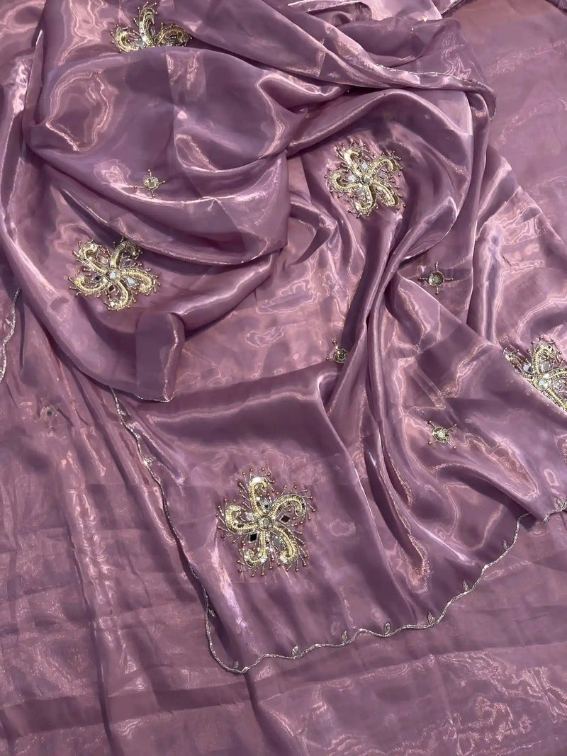 Subtle Lavender Shimmery Tissue Handwork Saree