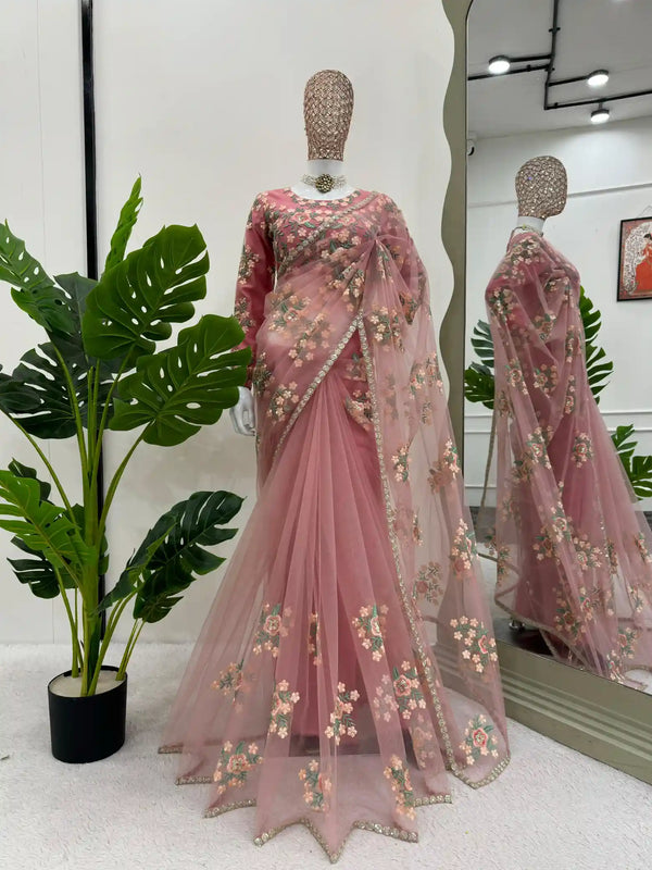 Subtle Light Peach Designer Net Floral Embroidered Buta Saree