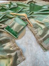 Subtle Metallic Green Tissue Silk Lace Work Designer Banarasi Saree