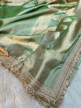 Subtle Metallic Green Tissue Silk Lace Work Designer Banarasi Saree