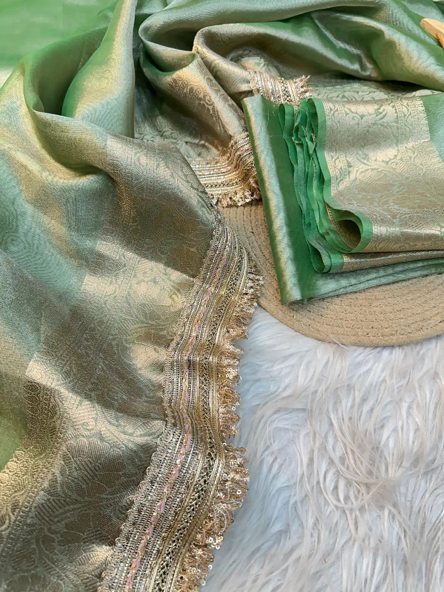 Subtle Metallic Green Tissue Silk Lace Work Designer Banarasi Saree