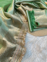 Subtle Metallic Green Tissue Silk Lace Work Designer Banarasi Saree