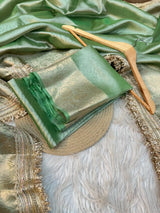 Subtle Metallic Green Tissue Silk Lace Work Designer Banarasi Saree