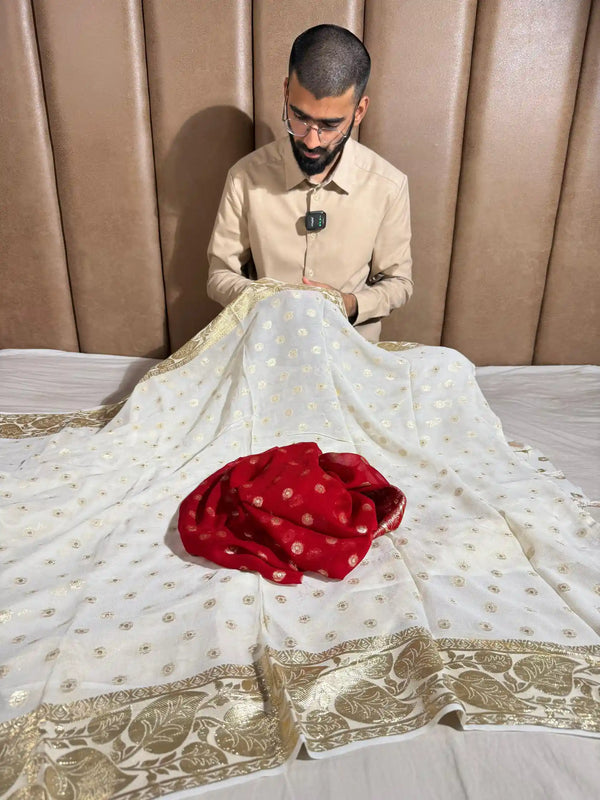 Subtle Offwhite Viscose Georgette Silk Banarasi Saree