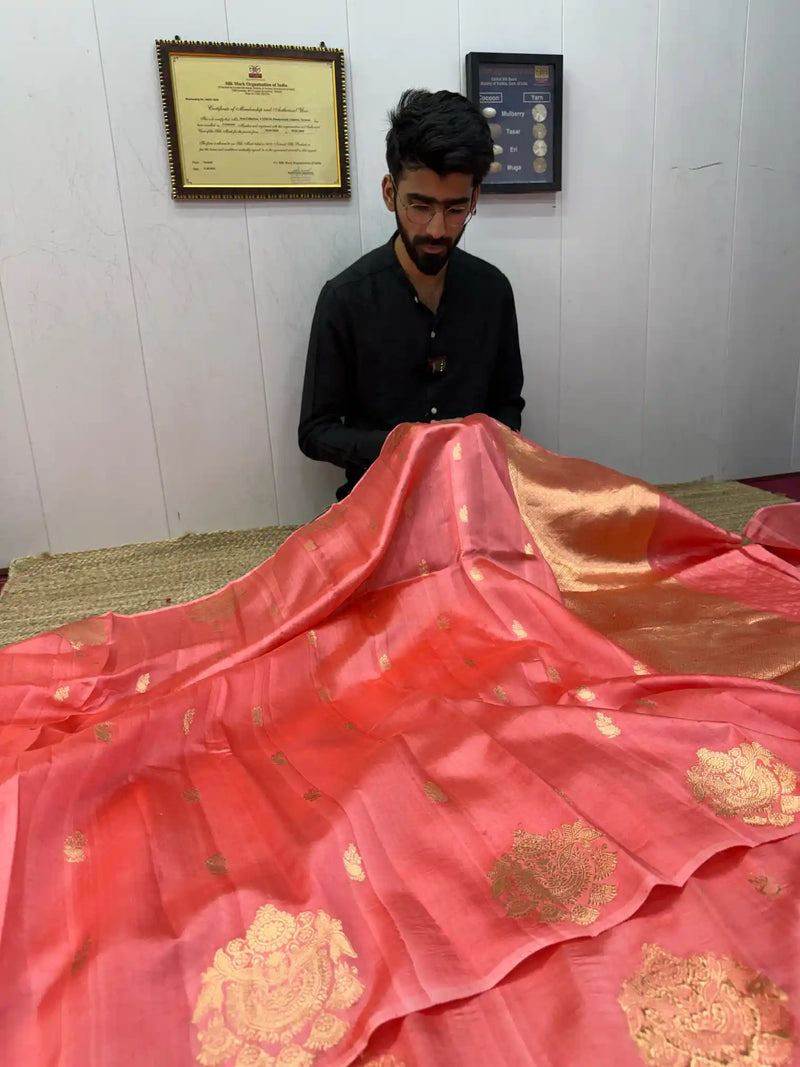 Subtle Peach Pure Caramel Silk Sona Zari Butas Banarasi Saree