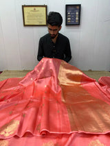 Subtle Peach Pure Caramel Silk Sona Zari Butas Banarasi Saree