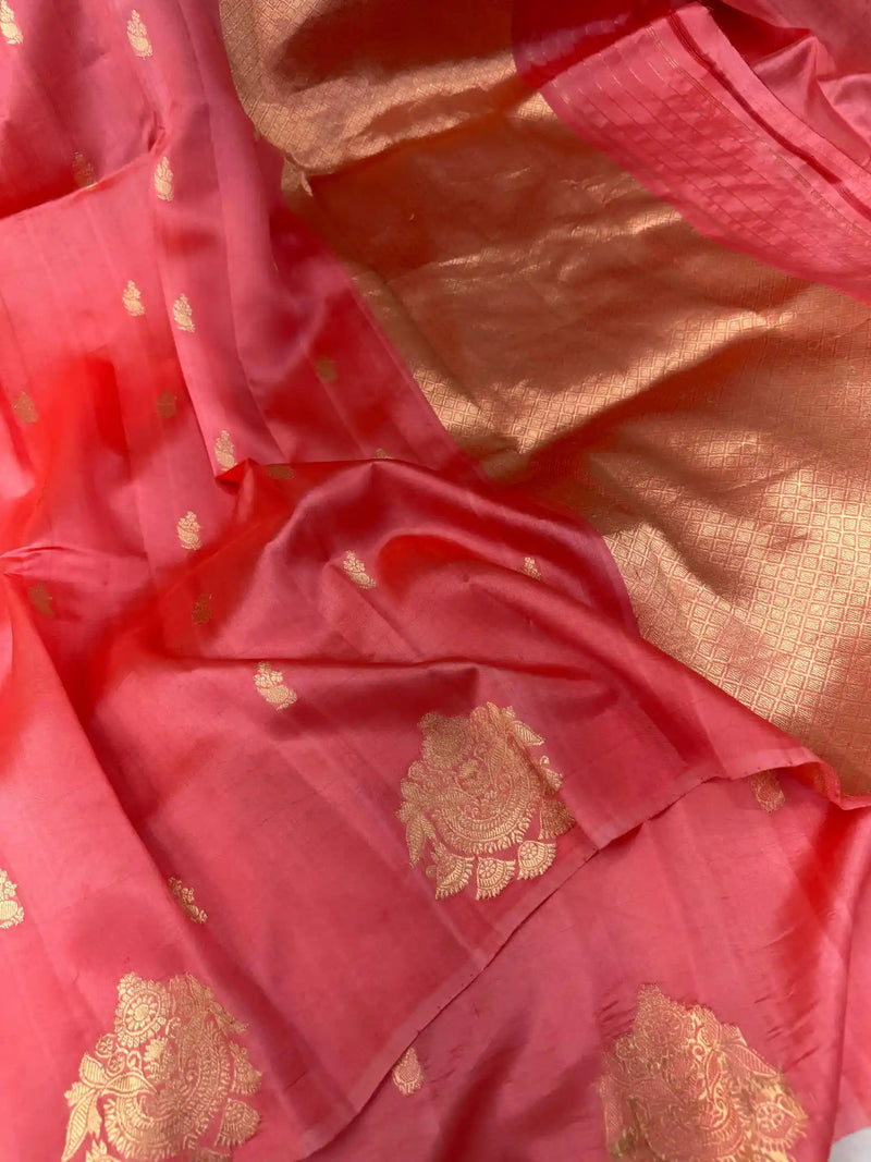 Subtle Peach Pure Caramel Silk Sona Zari Butas Banarasi Saree