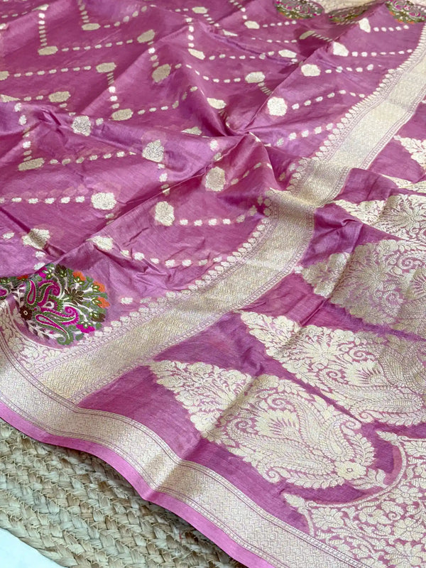 Subtle Pink Pure Tussra Silk Banarasi Saree