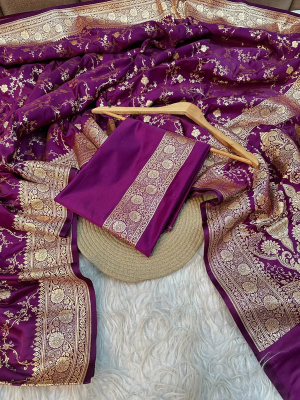 Subtle Purple Satin Katan Silk Golden Zari Intricate Floral Jaal Banarasi Saree