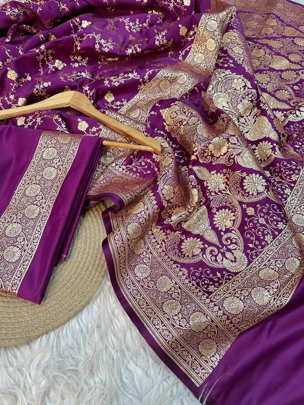 Subtle Purple Satin Katan Silk Golden Zari Intricate Floral Jaal Banarasi Saree