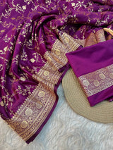 Subtle Purple Satin Katan Silk Golden Zari Intricate Floral Jaal Banarasi Saree