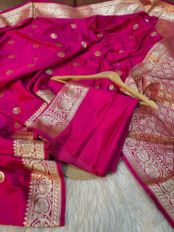 Subtle Rani Pink Shade Satin Katan Silk Banarasi Saree with Golden Zari Chand Tara Heritage Design