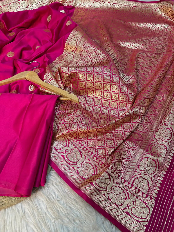 Subtle Rani Pink Shade Satin Katan Silk Banarasi Saree with Golden Zari Chand Tara Heritage Design