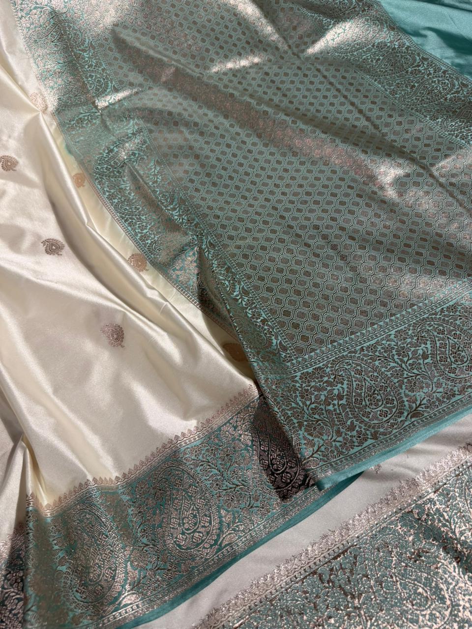 Summer special pastel off white Mashru katan silk saree