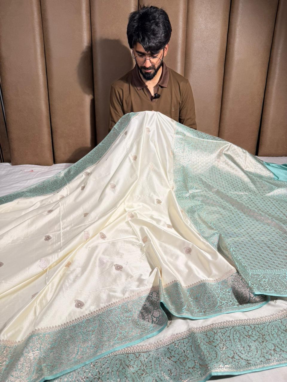 Summer special pastel off white Mashru katan silk saree