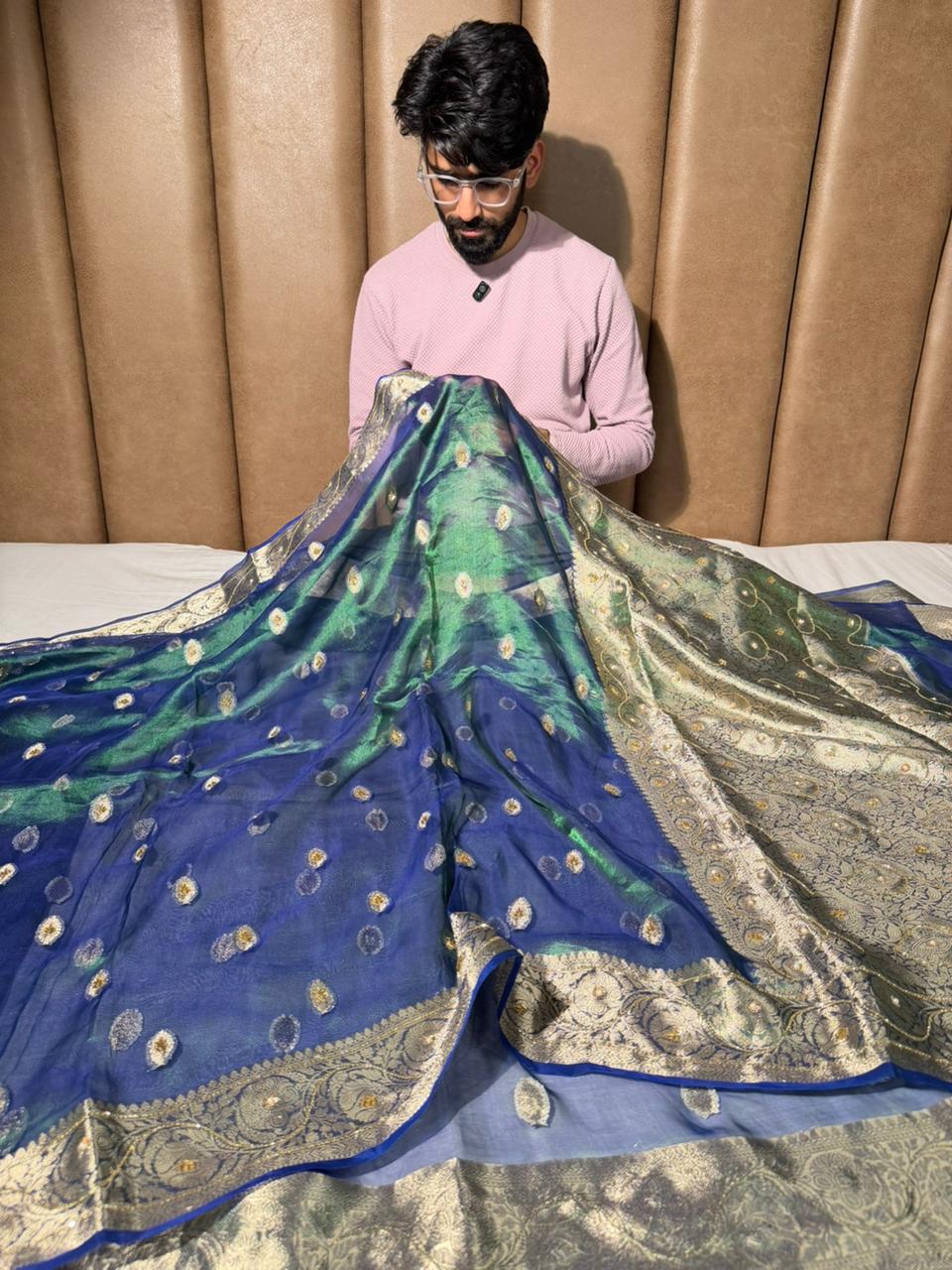 Dhoop Chaon Peacock Pure Tissue Silk Handwork Saree