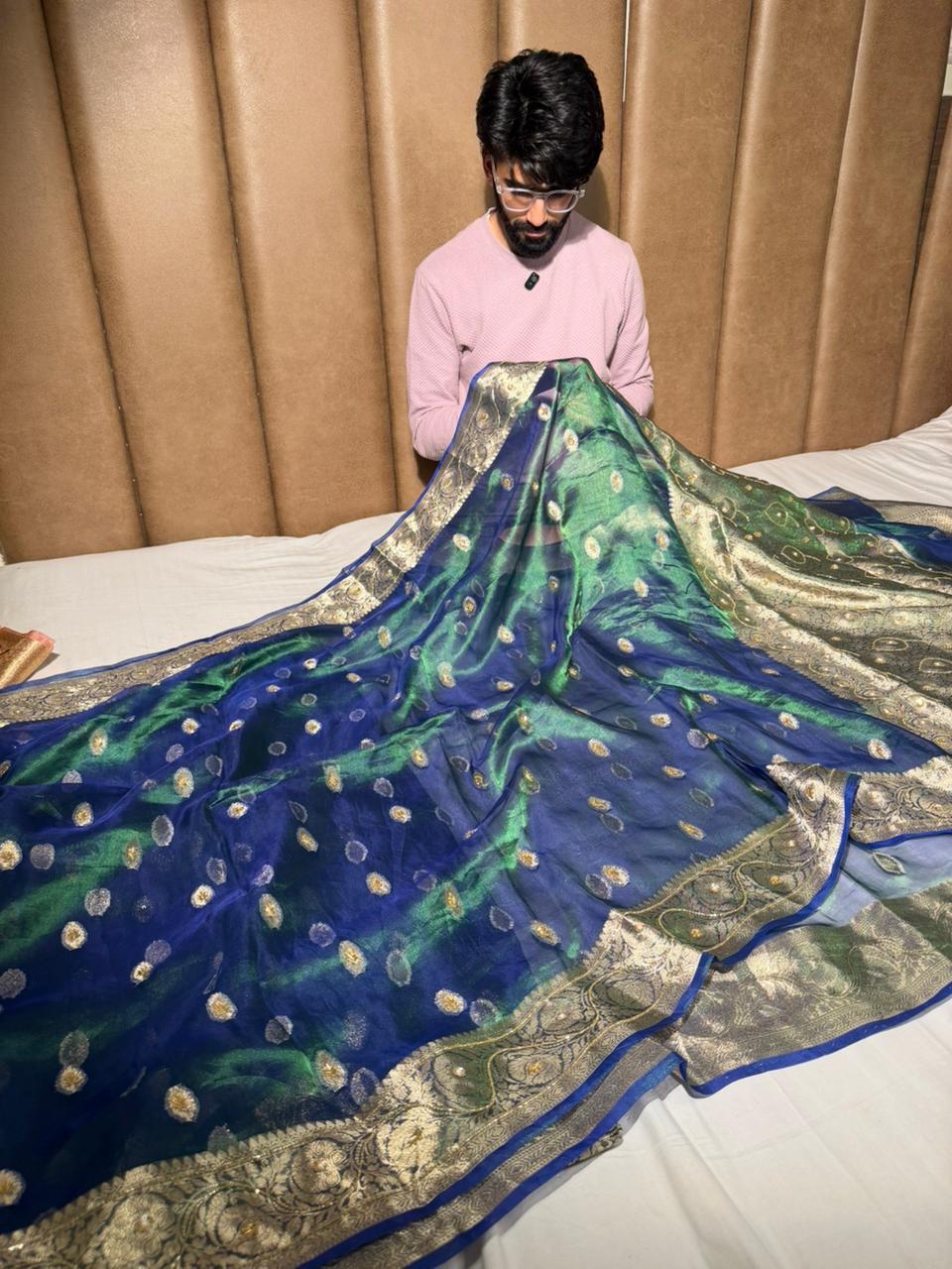 Dhoop Chaon Peacock Pure Tissue Silk Handwork Saree