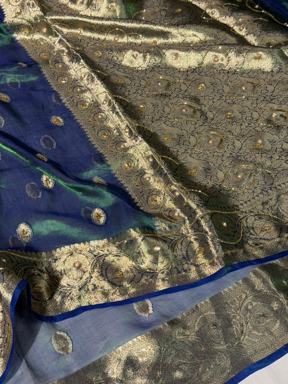 Dhoop Chaon Peacock Pure Tissue Silk Handwork Saree