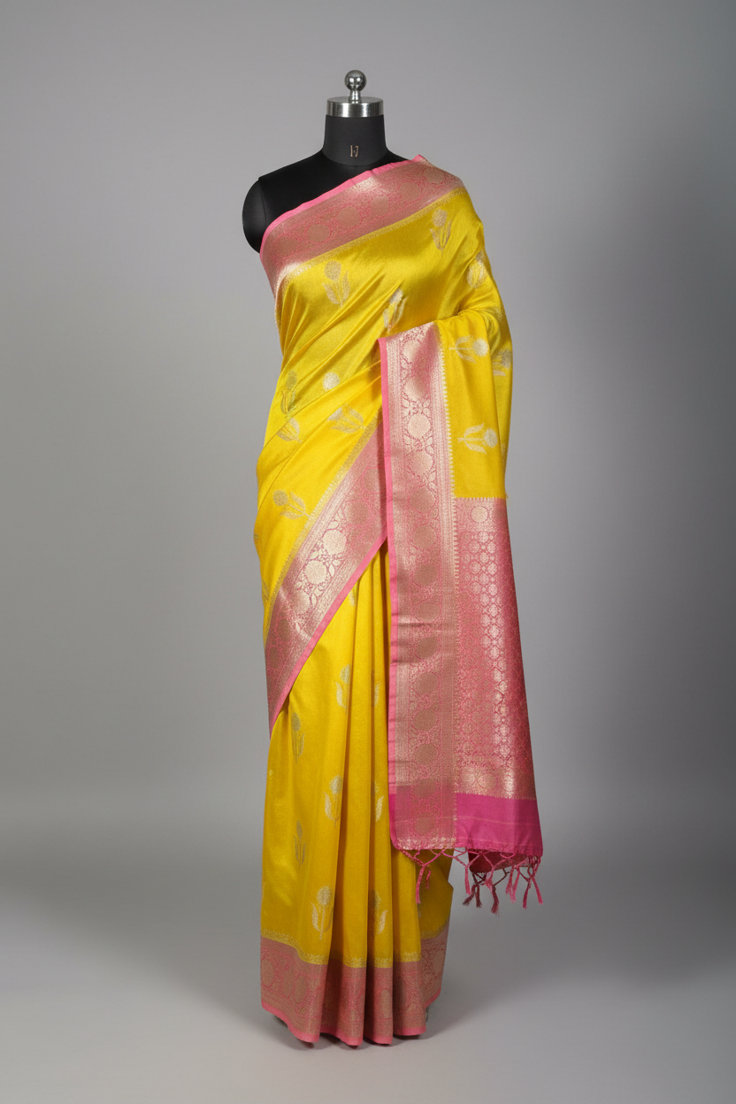 Yellow Pink Breathable Soft Georgette Banarasi Saree