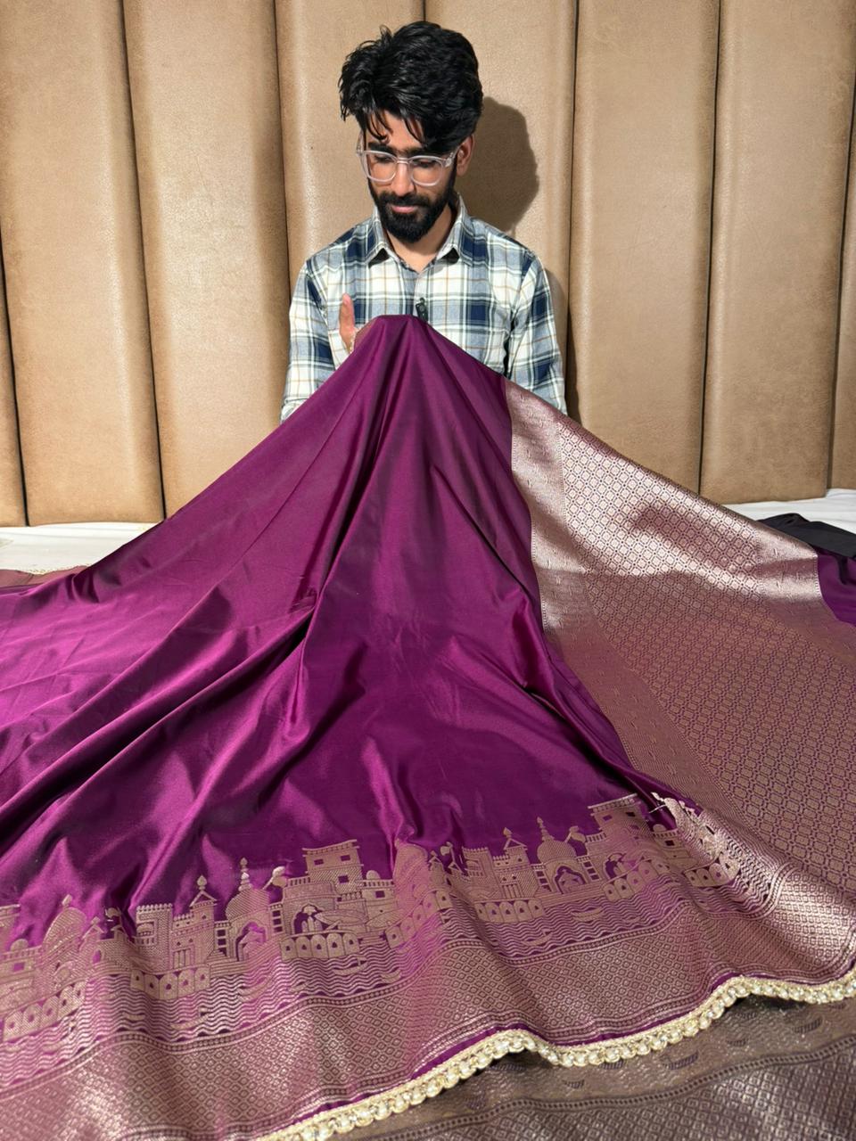 Glary Purple Mashru Katan Ghats Of Banaras Saree