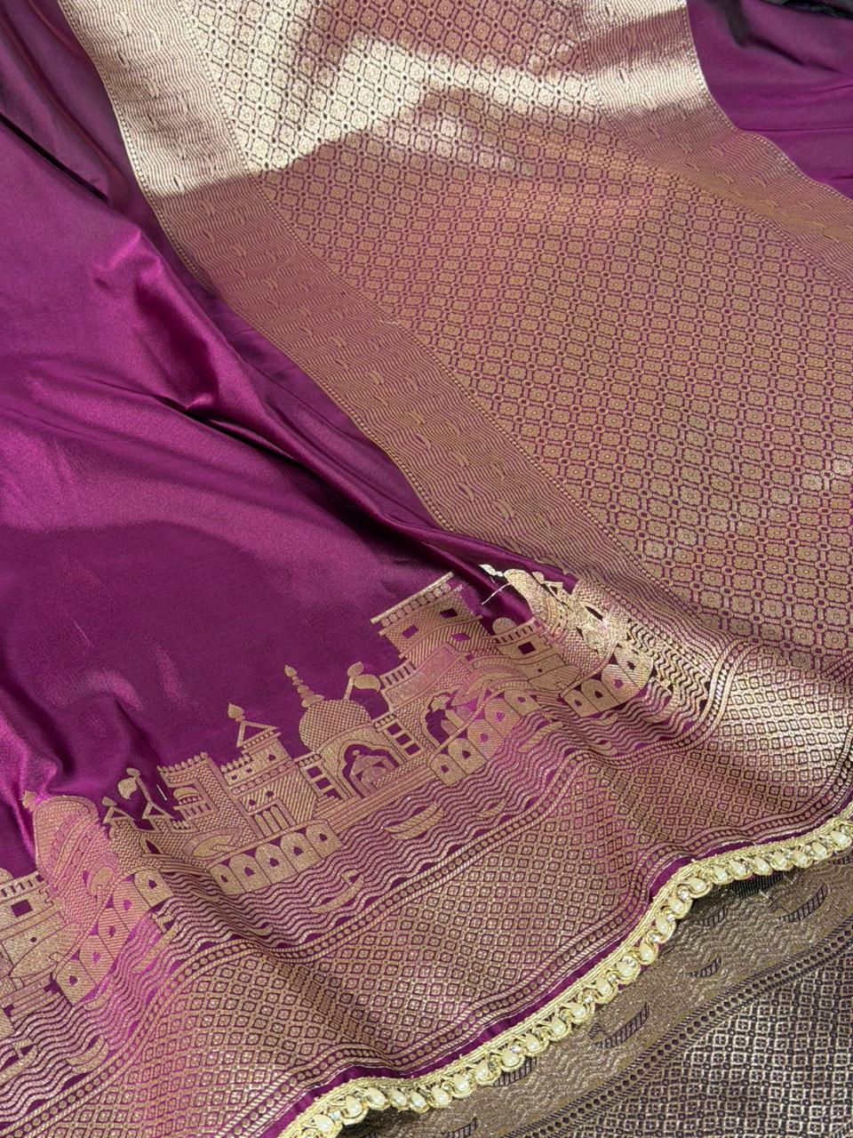 Glary Purple Mashru Katan Ghats Of Banaras Saree