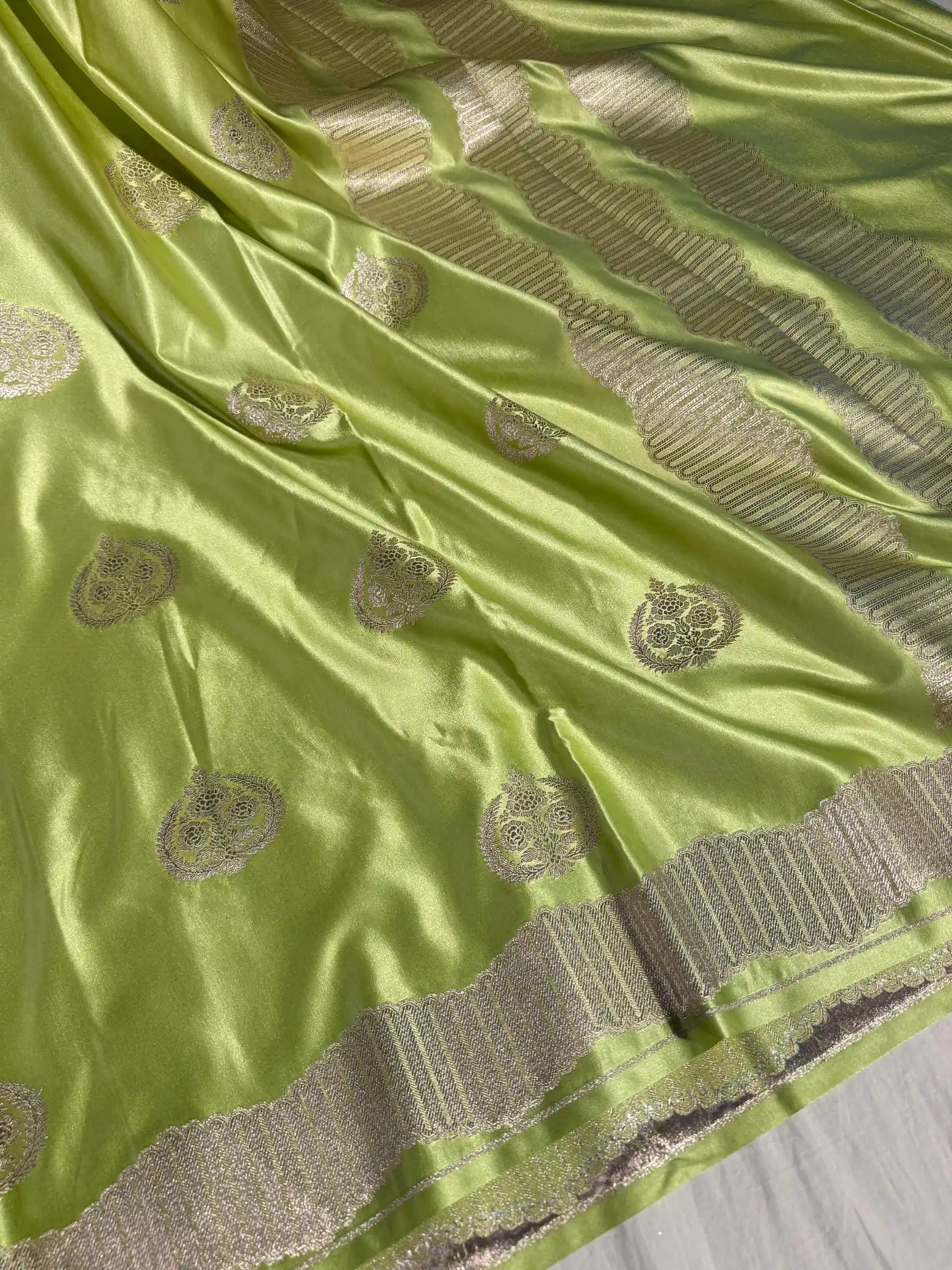 Tea Green Banarasi Mashru Katan Silk Saree with Rich Pallu and Blouse