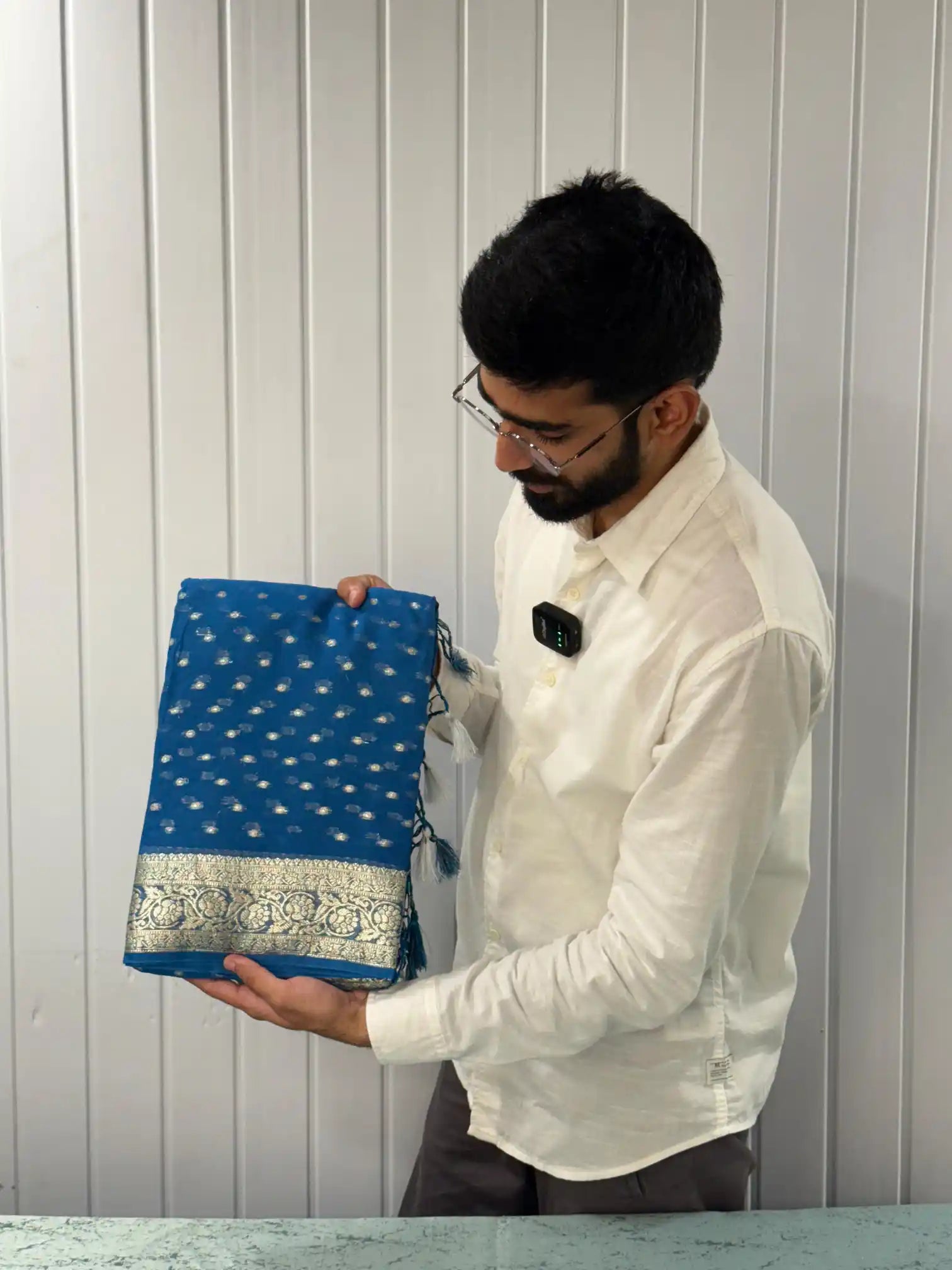 Teal Blue Eccentric Premium Viscose Georgette Banarasi Saree with Handmade Tassles
