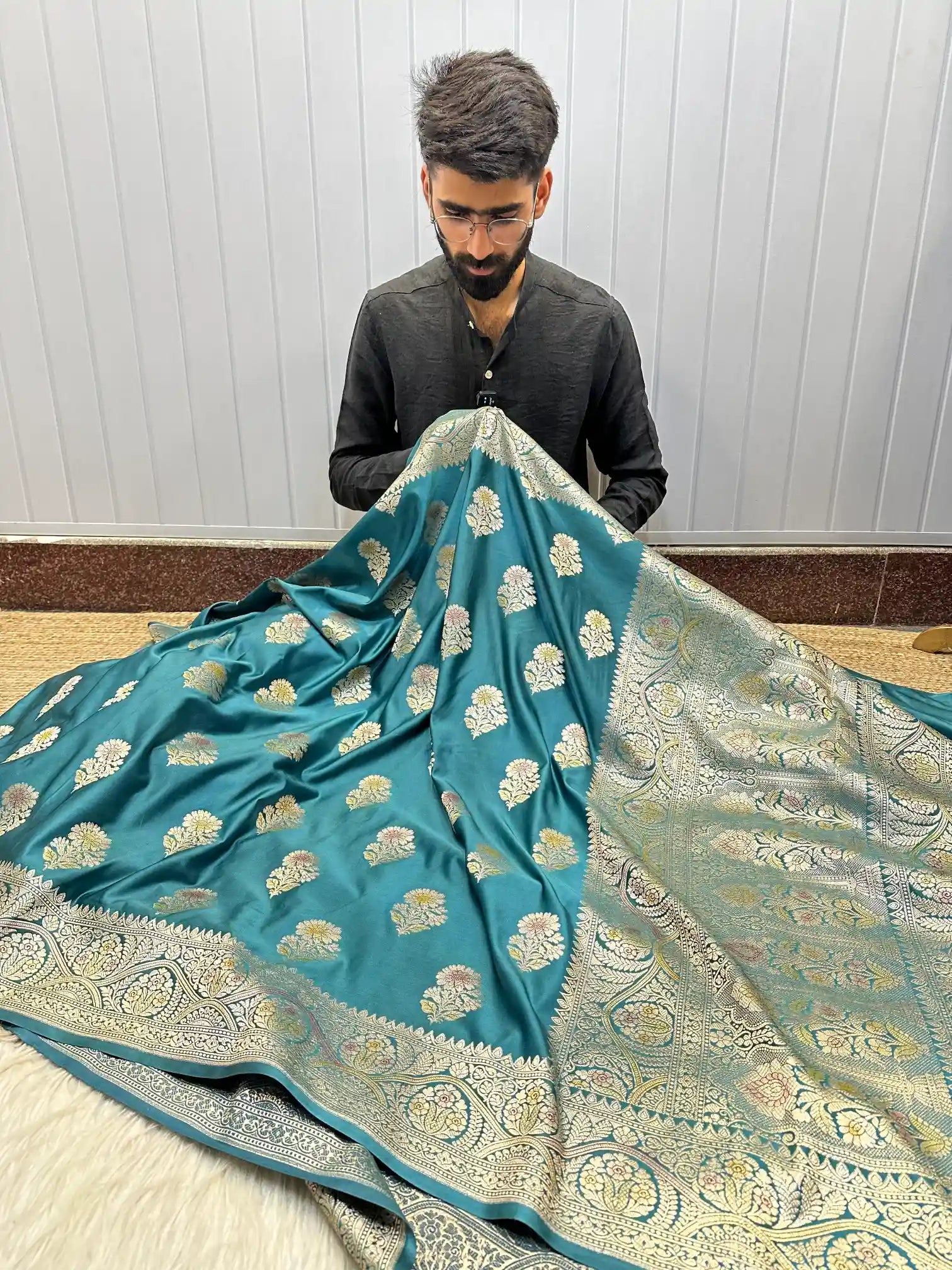 Teal Blue Handbrush Painted Mashru Katan Silk Banarasi Saree