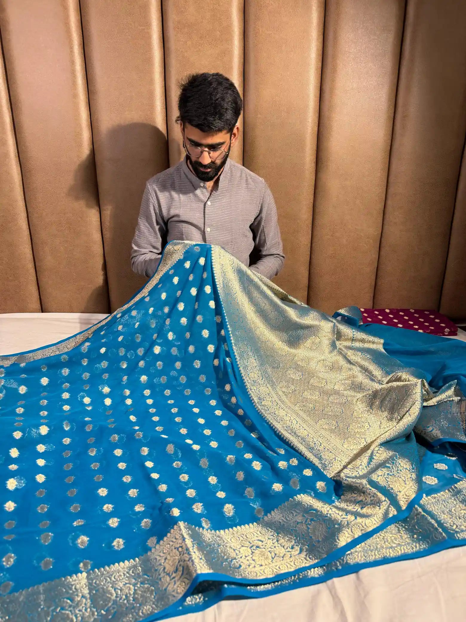 Teal Blue Khaddi Chiffon Buti Banarasi Saree