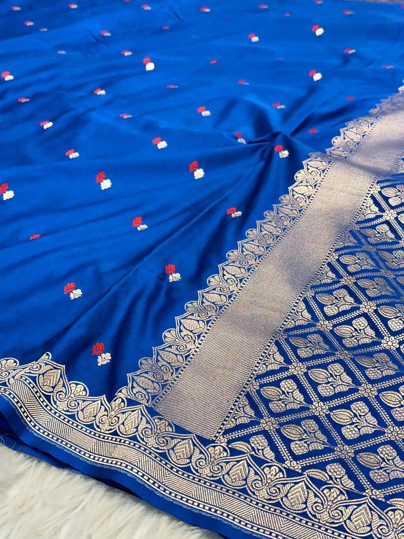 Teal Blue Pretty Motifs Weave Mashru Silk Saree