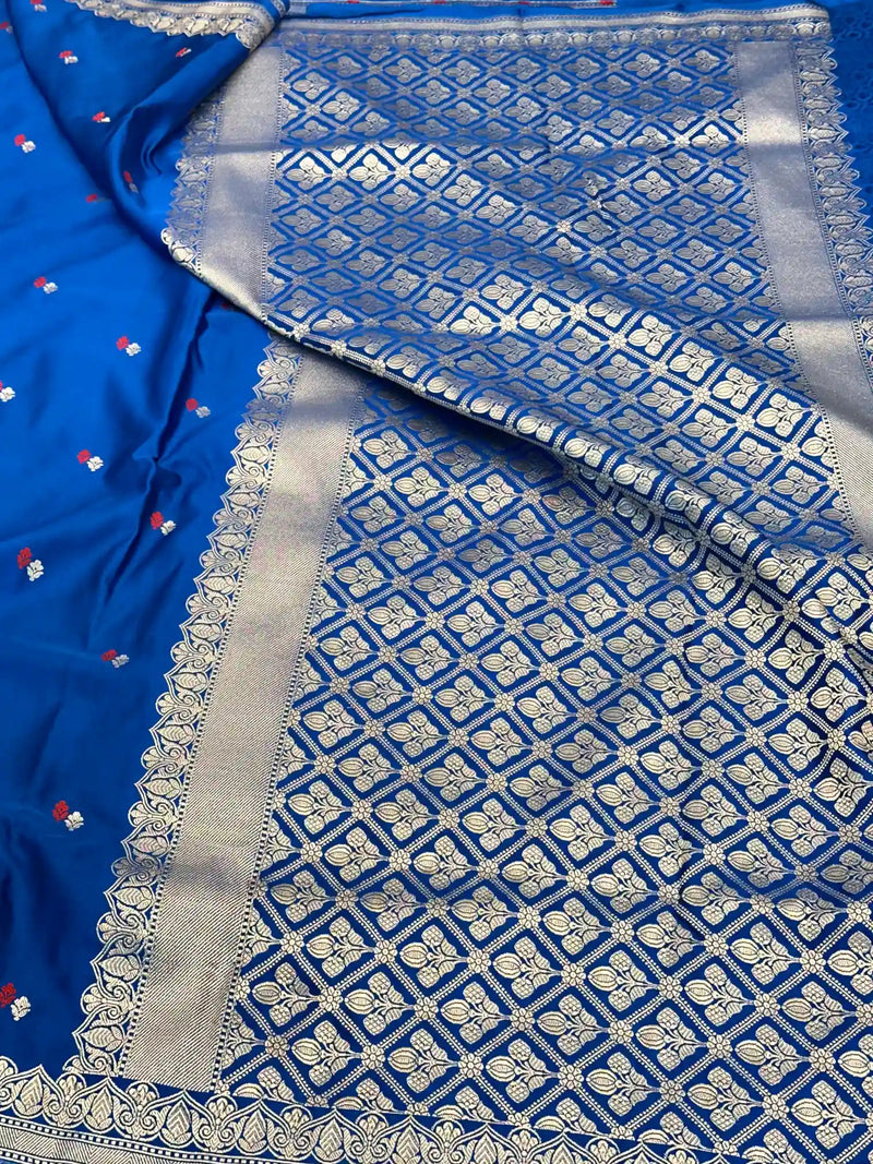 Teal Blue Pretty Motifs Weave Mashru Silk Saree