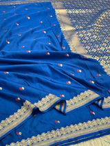 Teal Blue Pretty Motifs Weave Mashru Silk Saree