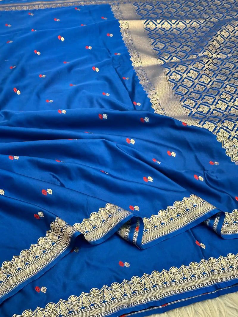 Teal Blue Pretty Motifs Weave Mashru Silk Saree
