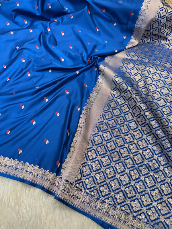 Teal Blue Pretty Motifs Weave Mashru Silk Saree