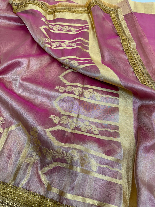 Metallic Pink Tissue Silk Heavy Lace Attached Banarasi Saree