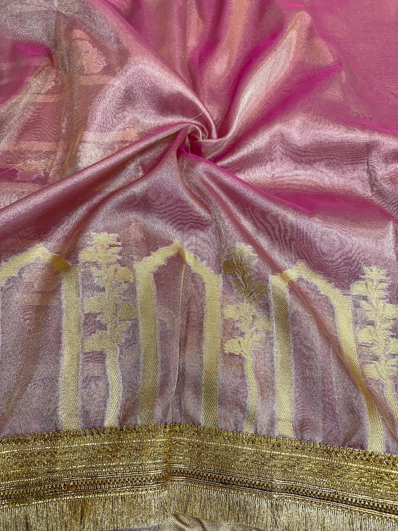 Metallic Pink Tissue Silk Heavy Lace Attached Banarasi Saree