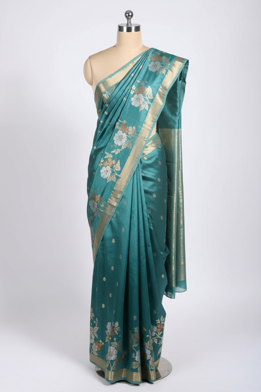 Turquiose Green Raw Dupion Silk Contemperory Banarasi Saree