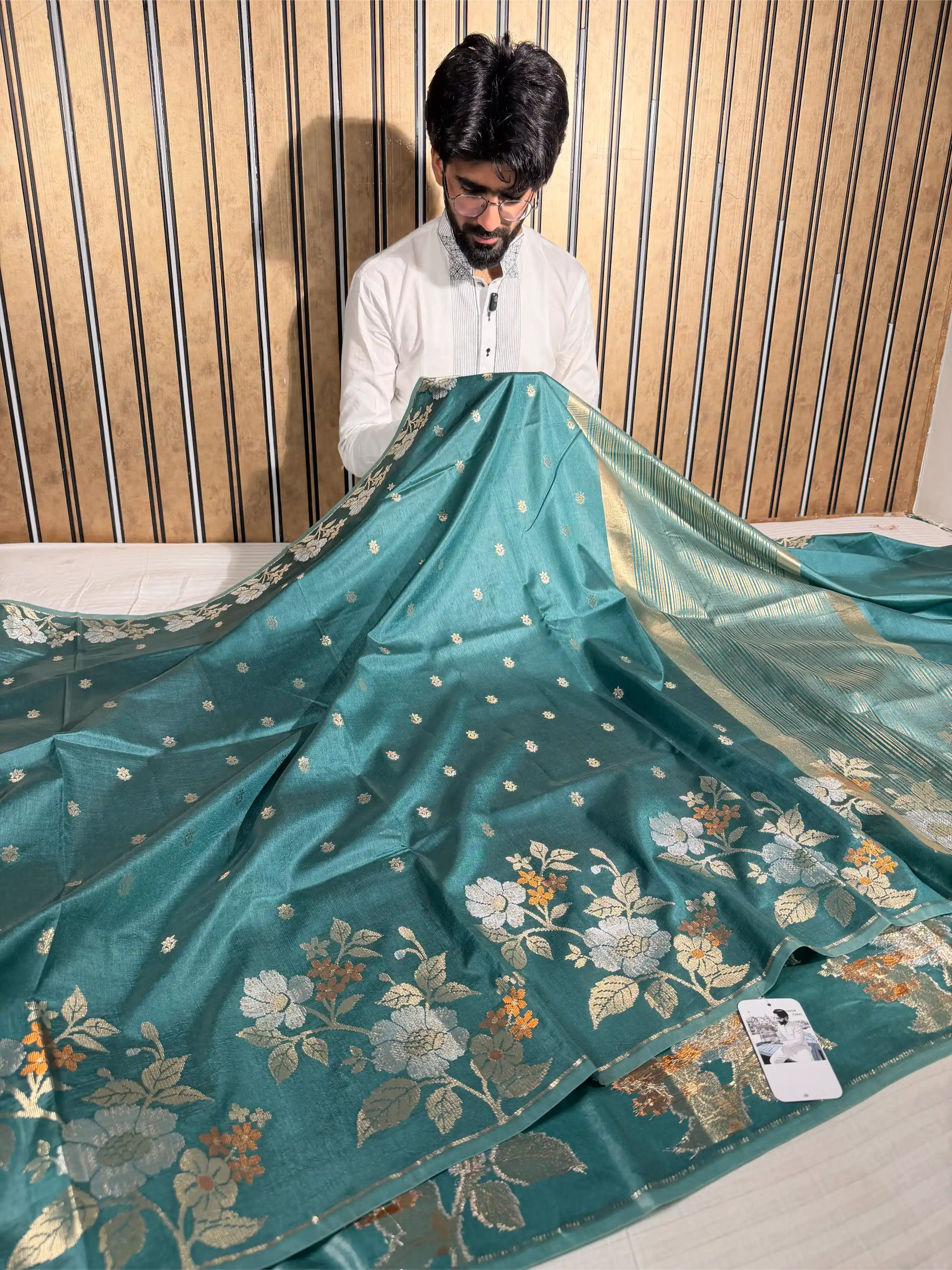 Turquiose Green Raw Dupion Silk Contemperory Banarasi Saree