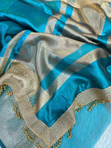 Turquoise Blue Glass Tissue Heavy Latkan Banarasi Saree