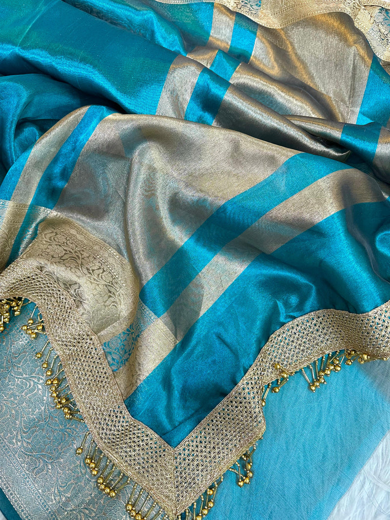 Turquoise Blue Glass Tissue Heavy Latkan Banarasi 