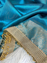 Turquoise Blue Glass Tissue Heavy Latkan Banarasi 