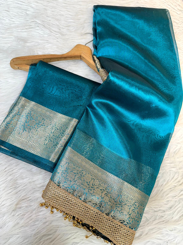 Turquoise Blue Glass Tissue Heavy Latkan Banarasi Saree