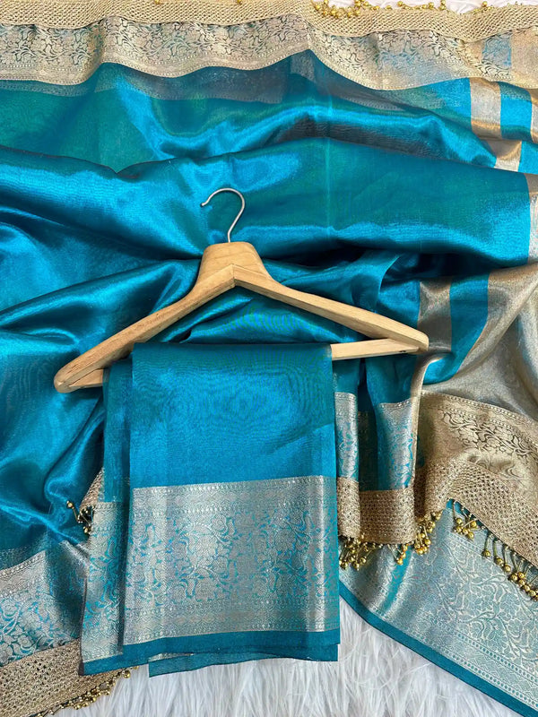 Turquoise Blue Glass Tissue Heavy Latkan Banarasi Saree