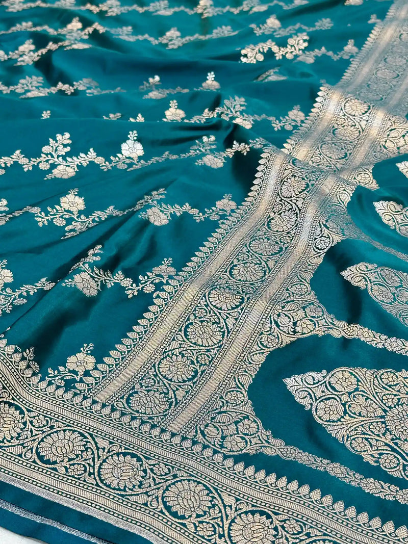 Turquoise Blue Mashru Katan Silk Leheriya Weave Banarasi Saree