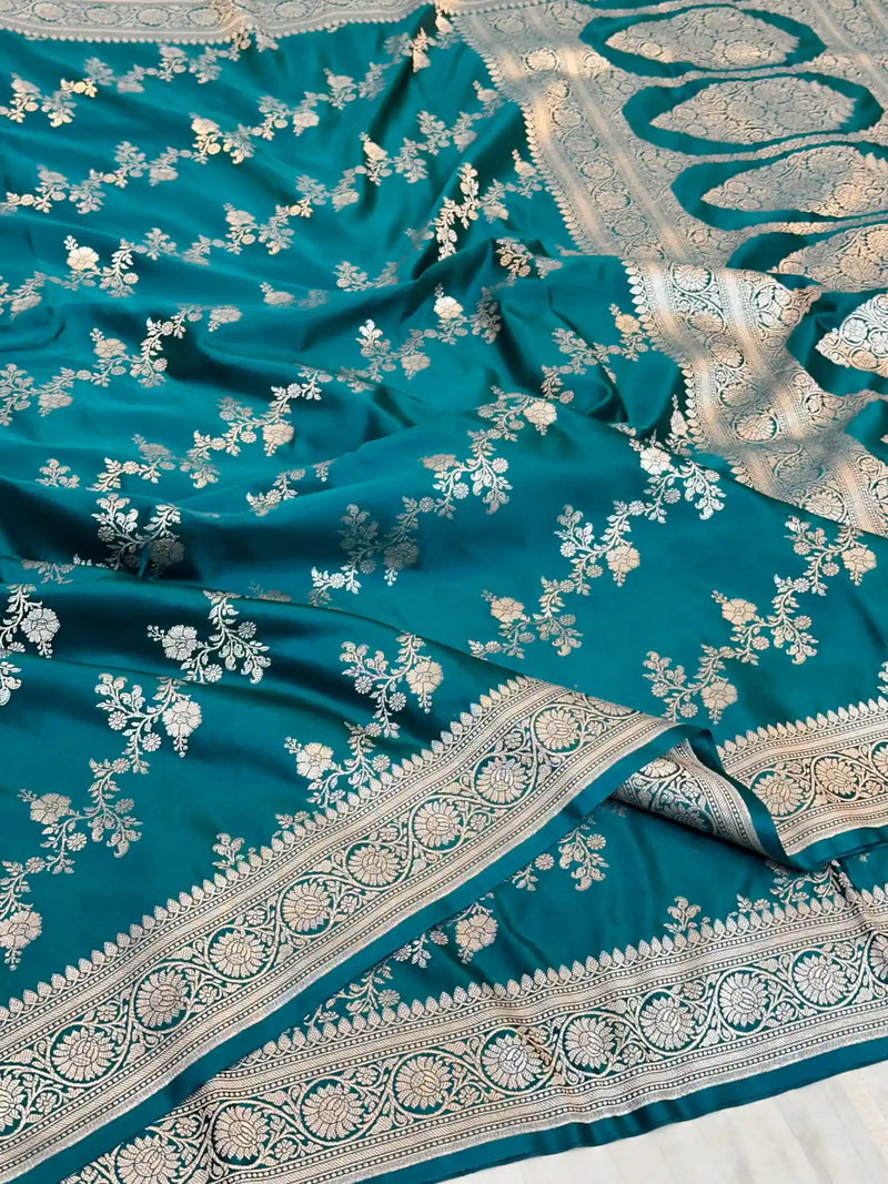 Turquoise Blue Mashru Katan Silk Leheriya Weave Banarasi Saree