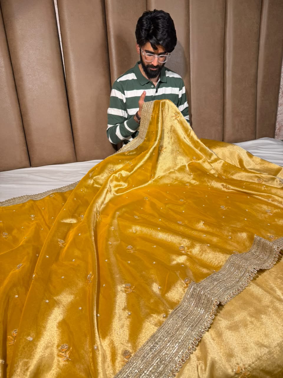 Bright Yellow Tissue Silk Premium Handwork Saree