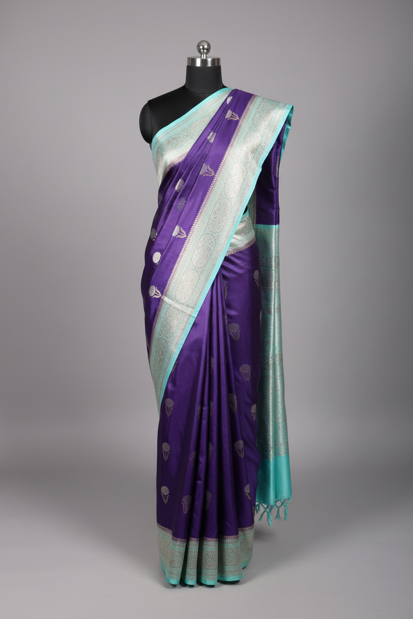 Bright Purple Mashru Katan Silk Heritage Saree
